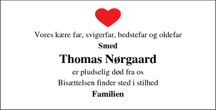 Dødsannoncen for Thomas Nørgaard - Hyllested Skovgårde