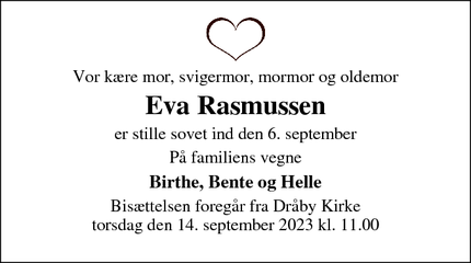 Dødsannoncen for Eva Rasmussen - Ebeltoft
