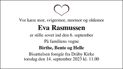 Dødsannoncen for Eva Rasmussen - Ebeltoft