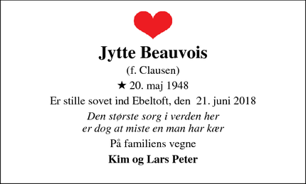 Dødsannoncen for Jytte Beauvois - Ebeltoft