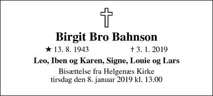 Dødsannoncen for Birgit Bro Bahnson - Hårup