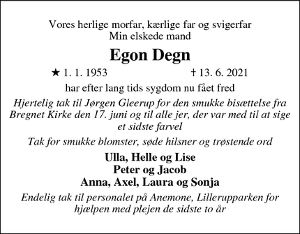 Dødsannoncen for Egon Degn - Rønde/Ebeltoft