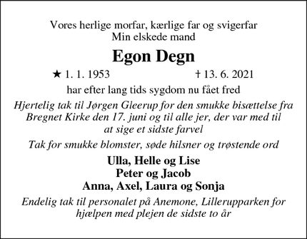 Dødsannoncen for Egon Degn - Rønde/Ebeltoft