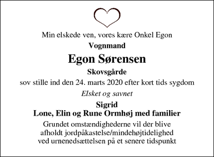 Dødsannoncen for Egon Sørensen - Skovsgårde