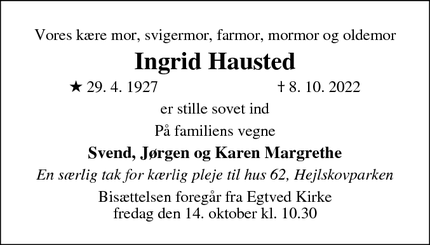 Dødsannoncen for Ingrid Hausted - Egtved