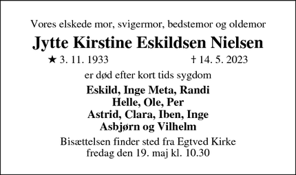 Dødsannoncen for Jytte Kirstine Eskildsen Nielsen - Egtved