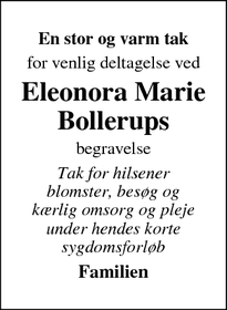 Dødsannoncen for Eleonora Marie
Bollerups - Skjern