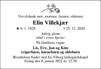 Dødsannoncen for  Elin Villekjær - Viborg