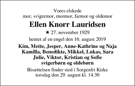 Dødsannoncen for   Ellen Knorr Lauridsen - Lyngby