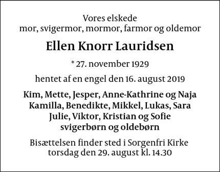 Dødsannoncen for   Ellen Knorr Lauridsen - Lyngby