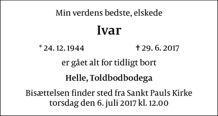 Dødsannoncen for  elskede Ivar - Valby