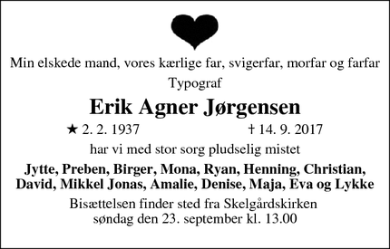 Dødsannoncen for  Erik Agner Jørgensen - Kastrup