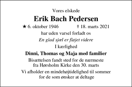 Dødsannoncen for  Erik Bach Pedersen  - Nivå