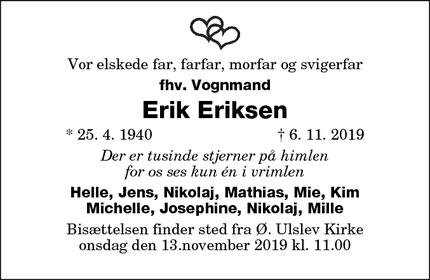 Dødsannoncen for  Erik Eriksen - Øster ulslev