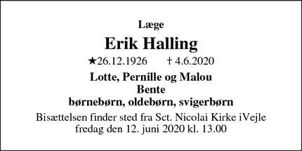 Dødsannoncen for  Erik Halling - 7100 Vejle