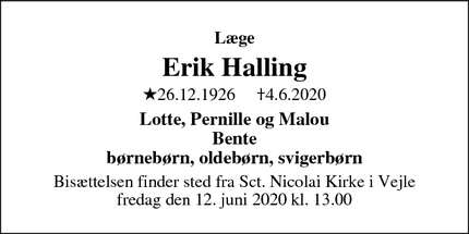 Dødsannoncen for  Erik Halling - 7100 Vejle