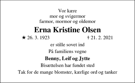 Dødsannoncen for   Erna Kristine Olsen - Herlufmagle