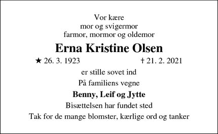 Dødsannoncen for   Erna Kristine Olsen - Herlufmagle