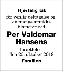 Dødsannoncen for Per Valdemar Hansens - Nakskov