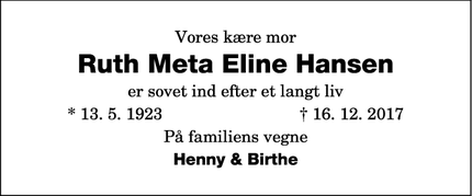 Dødsannoncen for Ruth Meta Eline Hansen - Hillerød