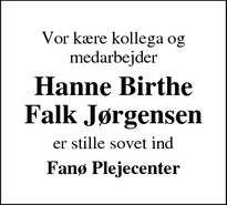 Dødsannoncen for Hanne Birthe
Falk Jørgensen - Ribe