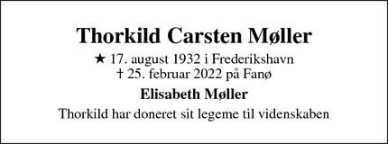 Dødsannoncen for Thorkild Carsten Møller - Fanø