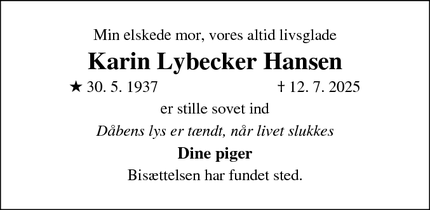 Dødsannoncen for Karin Lybecker Hansen - Ringsted
