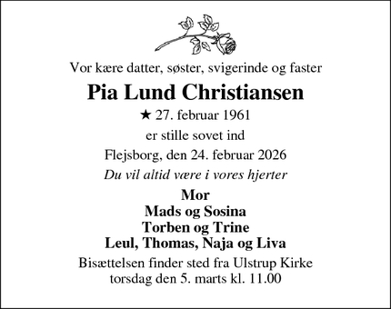 Dødsannoncen for Pia Lund Christiansen - Flejsborg, 9640 Farsø