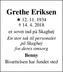 Dødsannoncen for Grethe Eriksen - Hammel