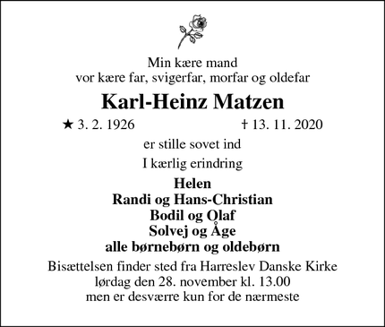 Dødsannoncen for Karl-Heinz Matzen - Flensborg