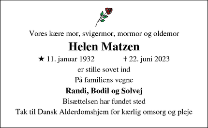 Dødsannoncen for Helen Matzen - Flensborg