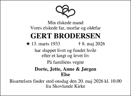 Dødsannoncen for GERT BRODERSEN - Skovlunde, Danmark