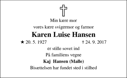 Dødsannoncen for Karen Luise Hansen - Flensborg