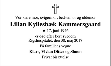 Dødsannoncen for Lilian Kyllesbæk Kammersgaard - Glostrup 