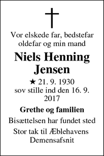 Dødsannoncen for Niels Henning Jensen - Brøndby