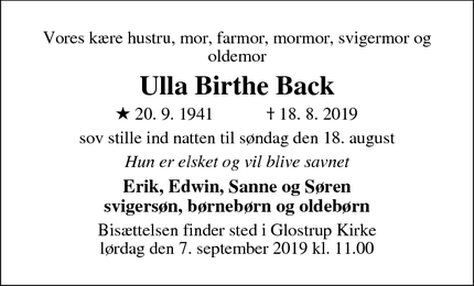Dødsannoncen for Ulla Birthe Back - Glostrup