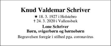 Dødsannoncen for Knud Valdemar Schriver - Valby