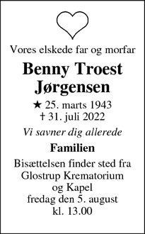 Dødsannoncen for Benny Troest
Jørgensen - København Ø