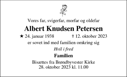 Dødsannoncen for Albert Knudsen Petersen - Brøndby