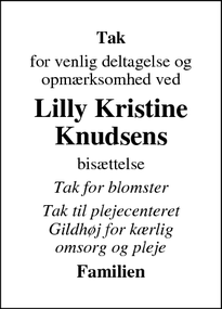 Taksigelsen for Lilly Kristine
Knudsen - Brøndby