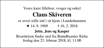 Dødsannoncen for Claus Skiveren - Brøndbyøster