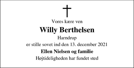 Dødsannoncen for Willy Berthelsen - Harndrup 