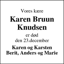 Dødsannoncen for Karen Bruun
Knudsen - Thyborøn