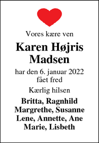 Dødsannoncen for Karen Højris
Madsen - Lomborg