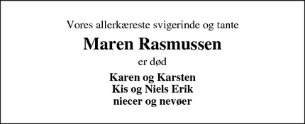 Dødsannoncen for Maren Rasmussen - Tørringhuse    7620 Lemvig