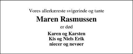 Dødsannoncen for Maren Rasmussen - Tørringhuse    7620 Lemvig