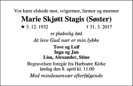 Dødsannoncen for Marie Skjøtt Stagis (Søster) - Harboøre