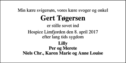 Dødsannoncen for Gert Tøgersen - Thisted