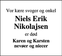 Dødsannoncen for Niels Erik Nikolajsen - Thyborøn