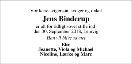 Dødsannoncen for Jens Binderup - Lemvig